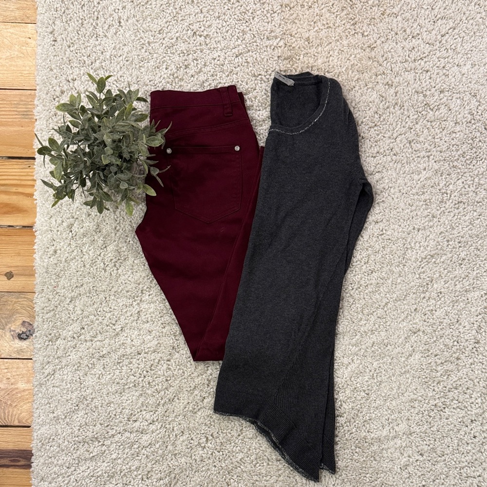 Athleta Gray Sweater and Burgundy Venus Skinny w